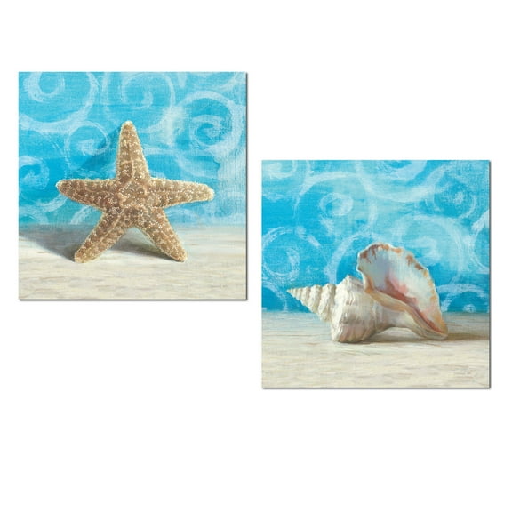 Lovely Relaxing Spa Starfish and Sea Shell Set by Danhui Nai; Coastal Decor; Two 12x12in Unframed Paper Posters. Blue/Brown