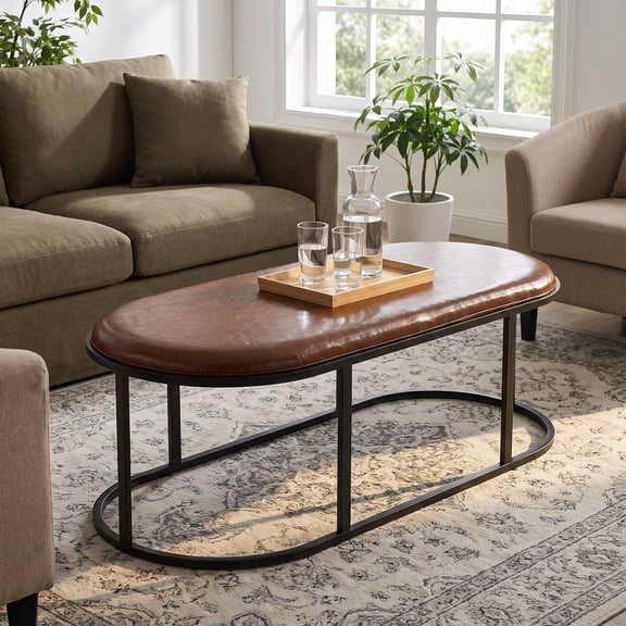55" Oval Faux Leather Coffee Table with Padded Top & Metal Base, Modern Ottoman Table for Living Room