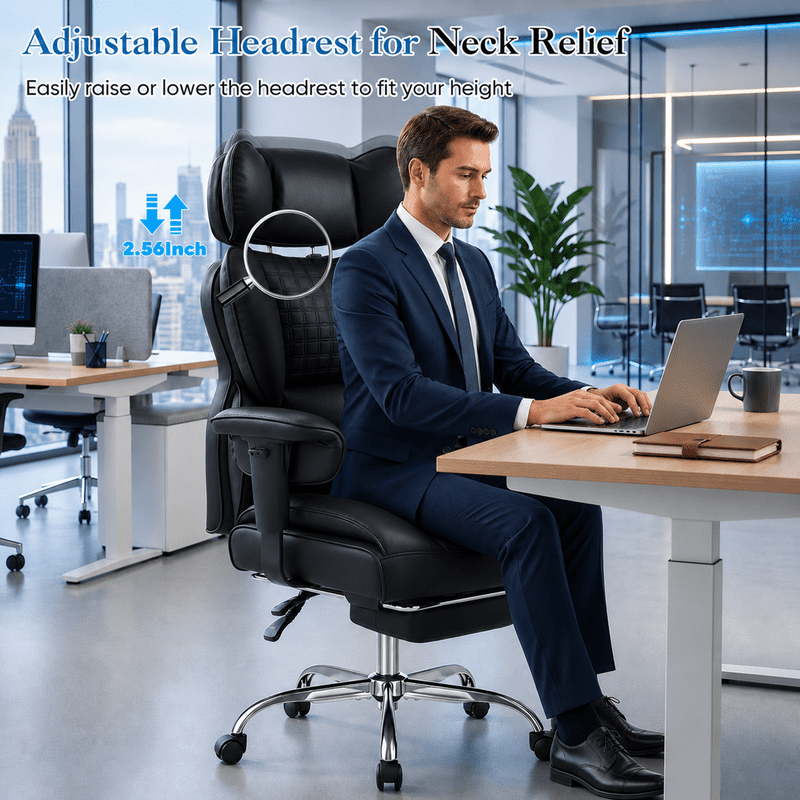 Simple Deluxe Big and Tall Office Chair 350 lbs, PU Leather Executive Desk Chair with Footrest, Pocket Spring Cushion, Ergonomic Reclining Computer Chair for Home Office, Black