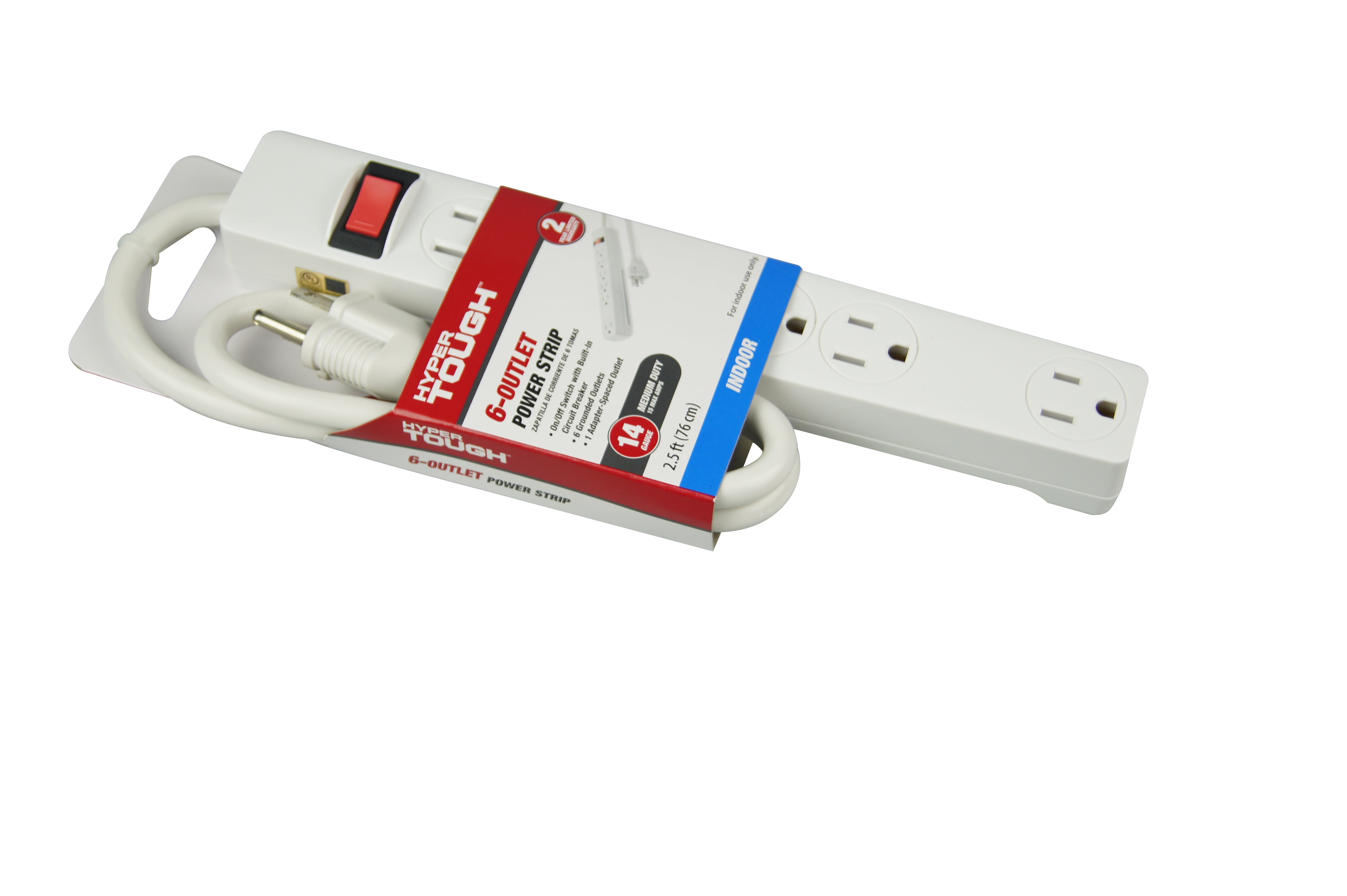 Hyper Tough 6-Outlet 2.5ft Power Strip Included 1-Adapter Space Outlet, White