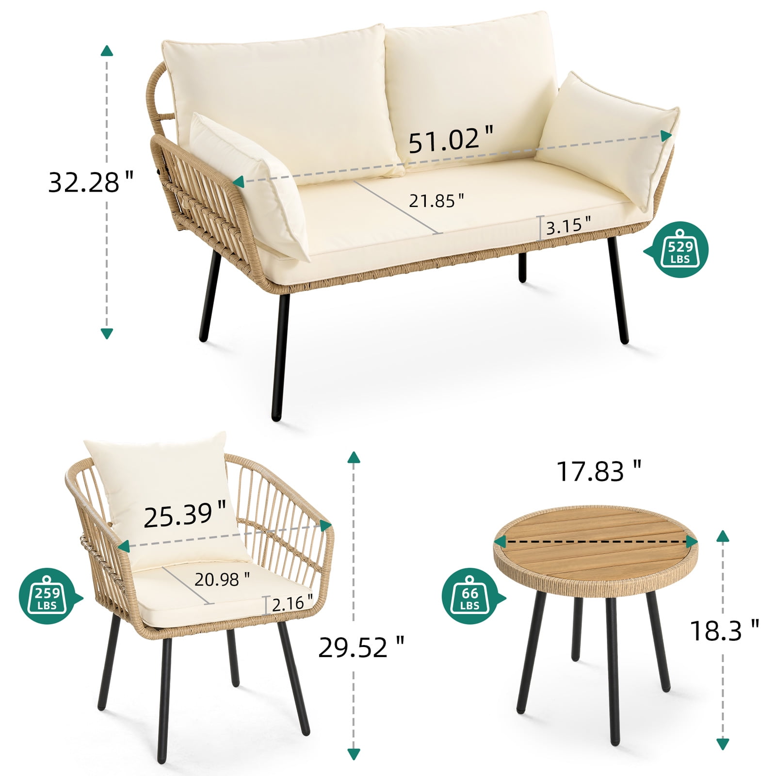 Dextrus 4 Pieces Patio Furniture Set, Wicker Outdoor Bistro Set, with Loveseat Chairs Table Soft Cushions, Beige