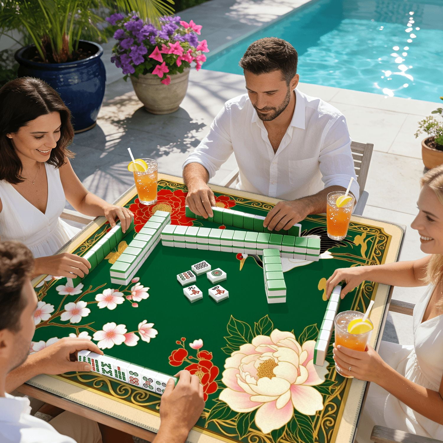 Mahjong Mat 31.5" x 31.5" Elegant Crane Peonies Cherry Blossoms Butterfly Traditional Style Non-Slip Noise Reduction American Mahjong Tiles Table Cover for Dominoes Poker Card Board Games Gift