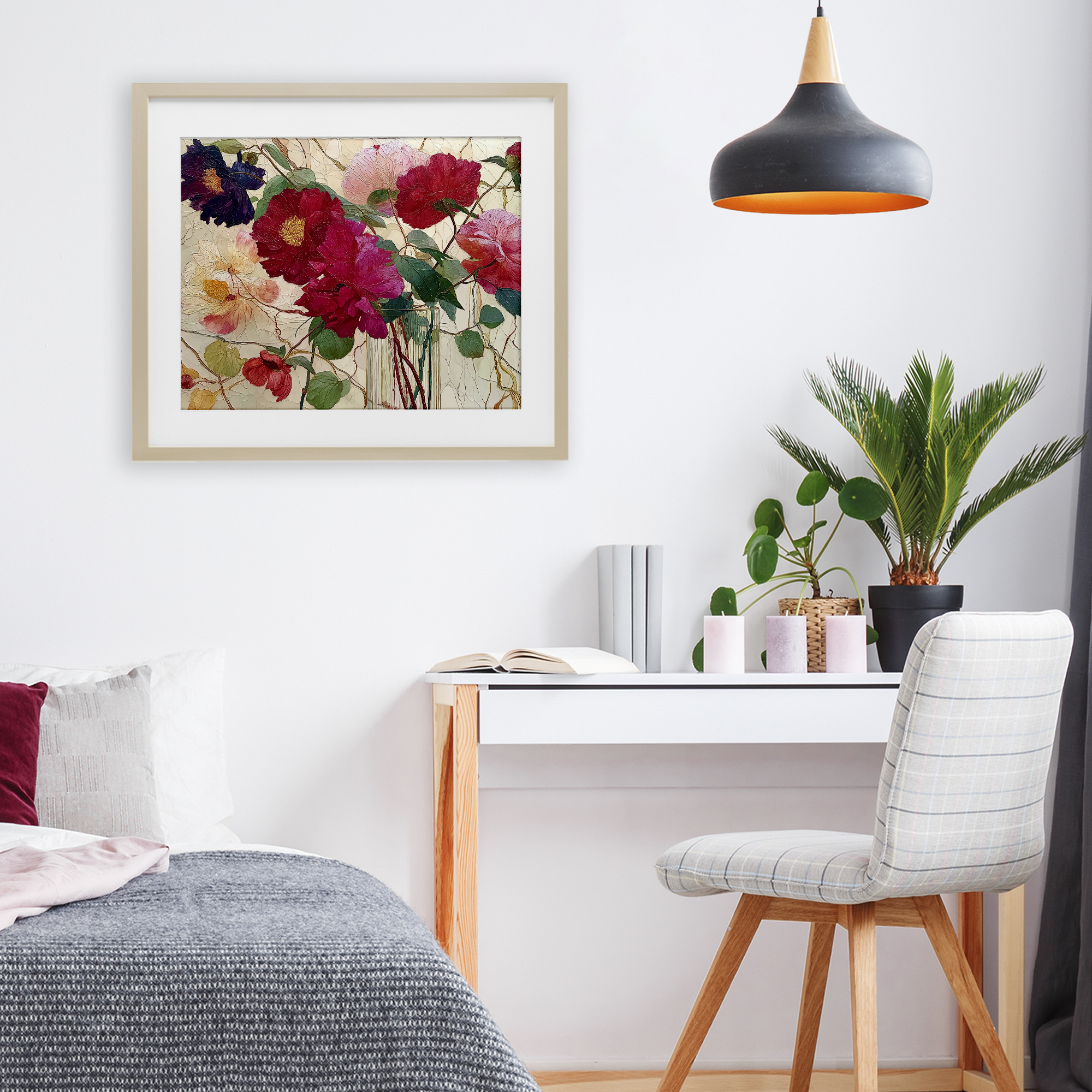 Haiku Flower Vase Birch Framed Print Under Glass, design by Annabelle Hall