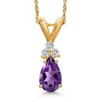 Gem Stone King 14K Yellow Gold Purple Amethyst and White Lab Grown Diamond Pendant Necklace for Women | 0.70 Cttw | Gemstone February Birthstone | Pear Shape 7X5MM | With 18 inch Chain