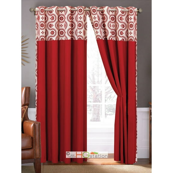 4-Pc Floral Circles Dots Metal Grommet Curtain Set Red Ivory Valance Drape Sheer Liner