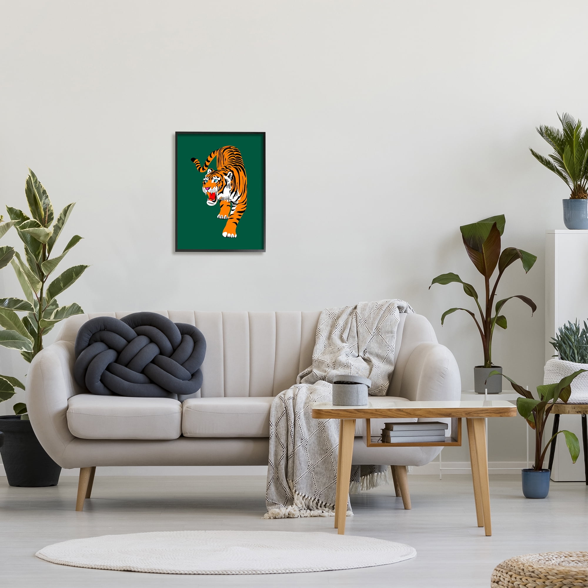 Stupell Industries Roaring Tiger on Green Animals & Insects Painting Black Framed Art Print Wall Art, 16 x 20