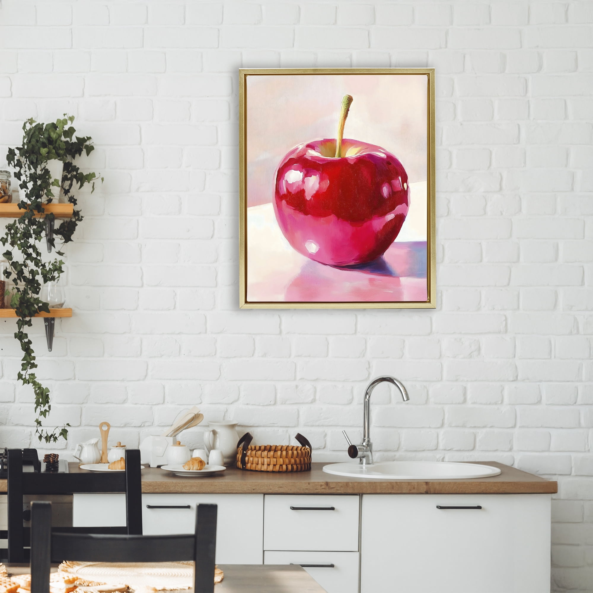 Stupell Industries Shiny Red Apple Reflection Gold Framed Floater Canvas Wall Art, design by The Prints Vibe