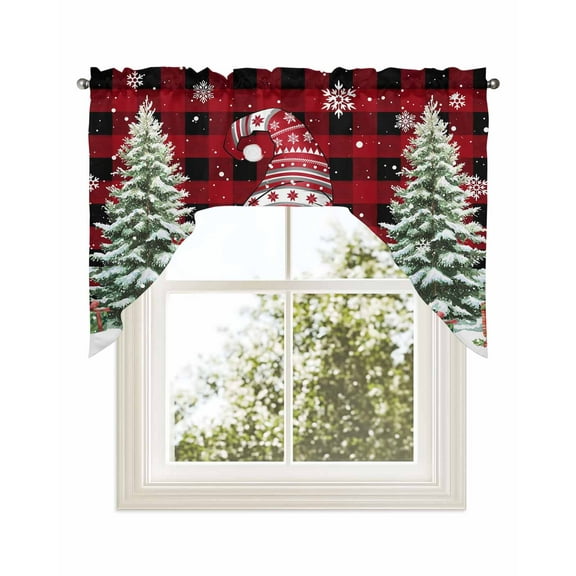 Red Black Plaid Gnomes Christmas Kitchen Curtains Swag Valance for Windows/Bathroom/Cafe, Xmas Tree Snowflakes Rod Pocket Drape Panel Swag Curtains Valance for Bedroom/Living Room 56"x36"