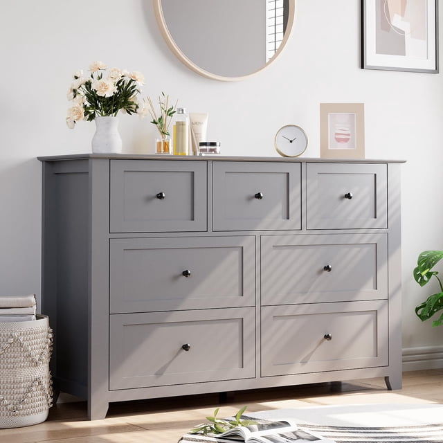 Commode en Bois Gris à 7 Tiroirs – Coffre de Rangement Simplement Moderne – Commode Double avec Tiroirs Profonds – Chambre, Salon, Couloir et Entrée