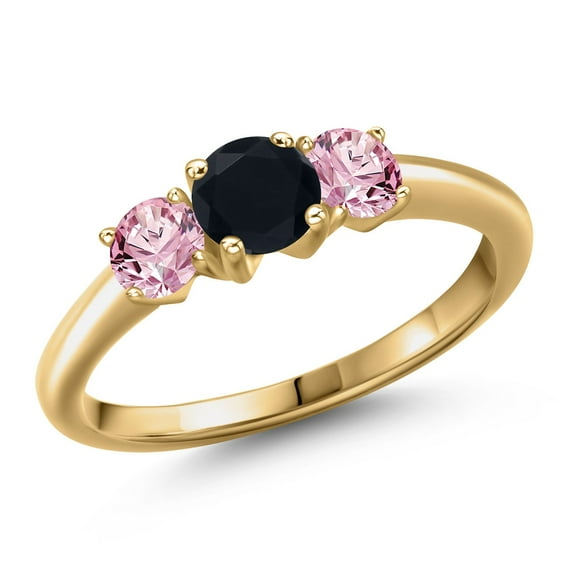 Gem Stone King 18K Yellow Gold Plated Silver Black Onyx and Pink Lab Grown Diamond Engagement Ring for Women | 0.98 Cttw | Round 5MM | Gemstone December Birthstone | Size 7