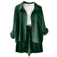 thumbnail image 3 of Fmbrln Womens Summer 2 Piece Sets Casual Turndown Collar Button Long Sleeve Shirts and Drawstring Elastic High Waist Shorts Sets Lounge Sets Green 2XL, 3 of 4