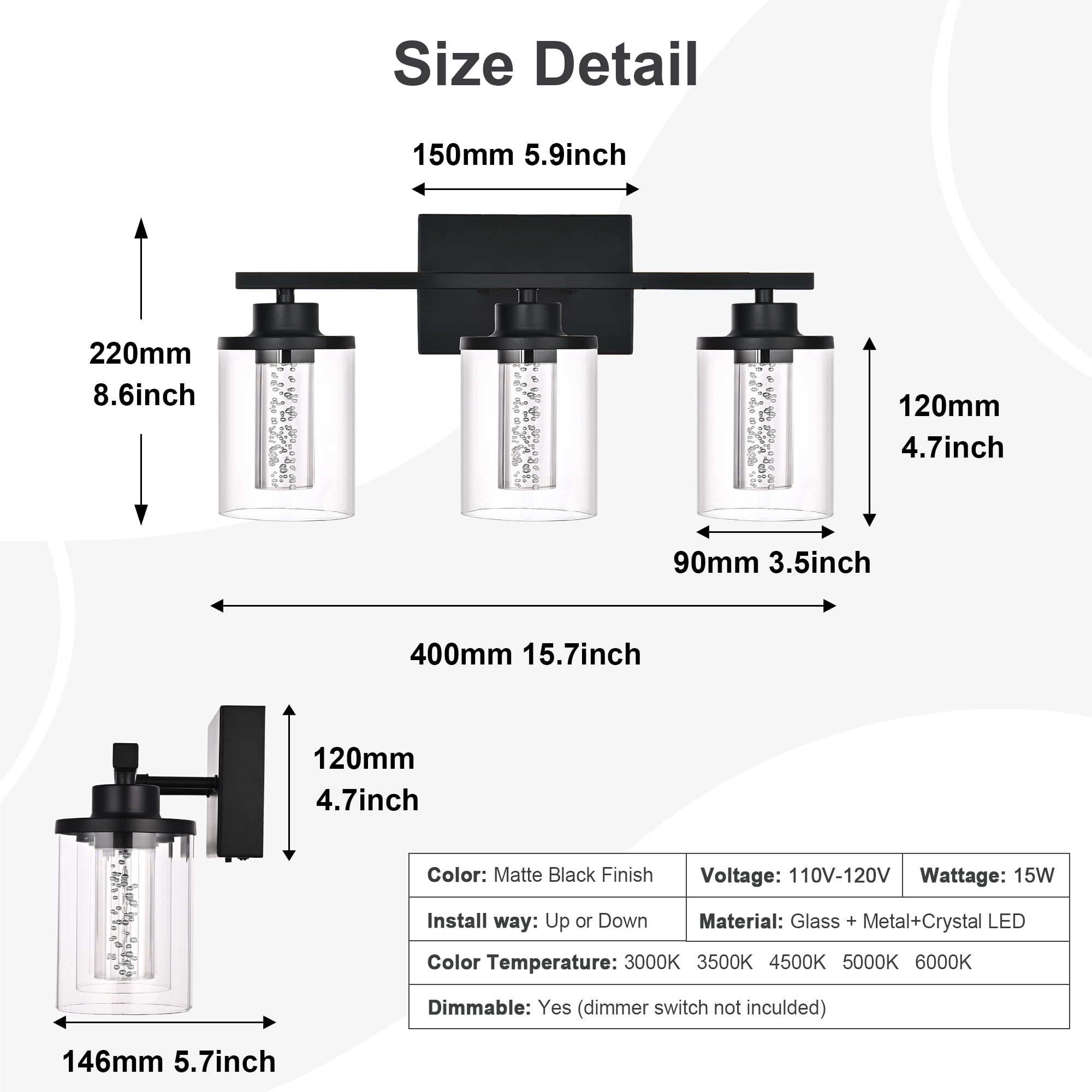 Melucee 5CCT Dimmable LED Black Vanity Lights 3-light, Modern Vanity Lighting Fixtures with Crystal Light Columns and Clear Glass for Bathroom Bedroom