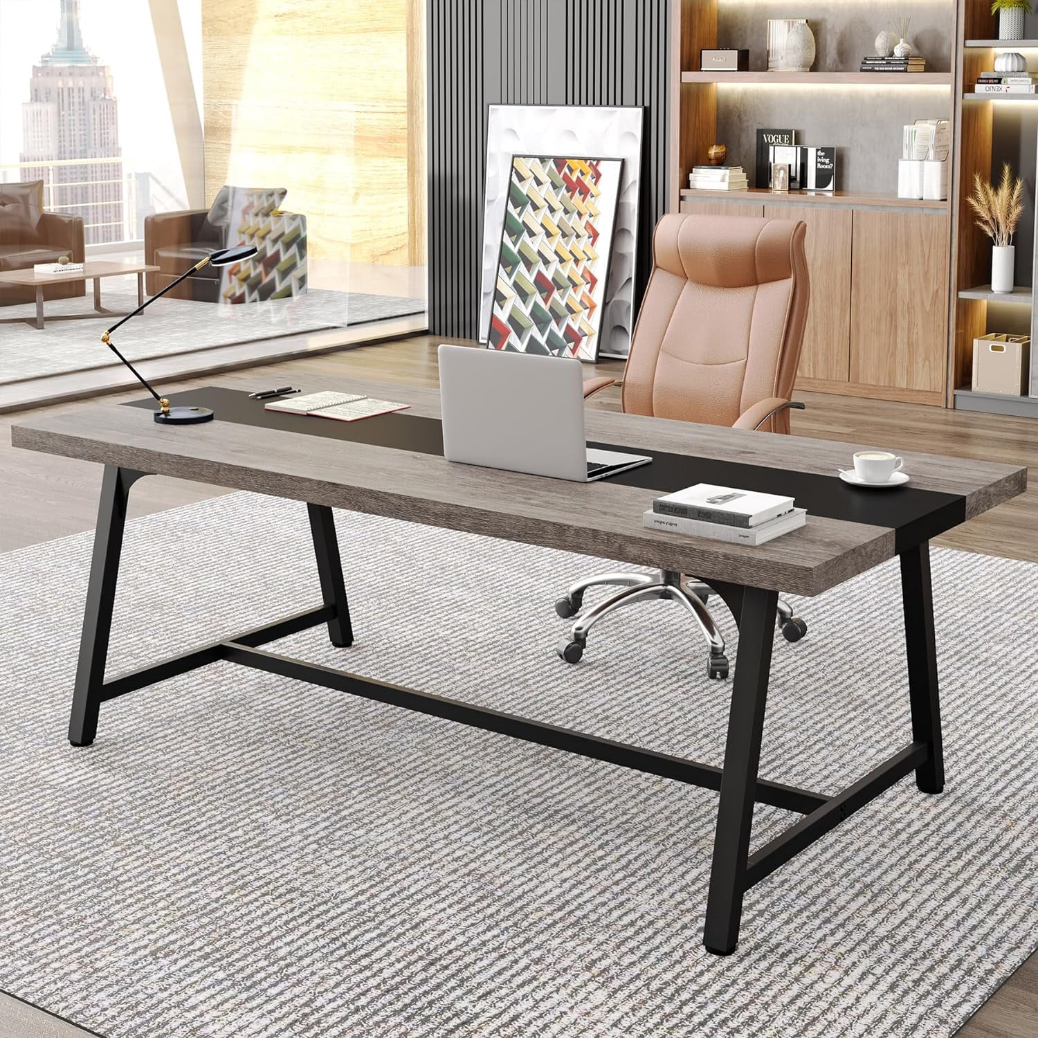 Finmind Executive Office Desk, Large Workspace, Modern Adult Writing Table, 70.87" L x 33.46" W x 29.92" H (Grey & Black)