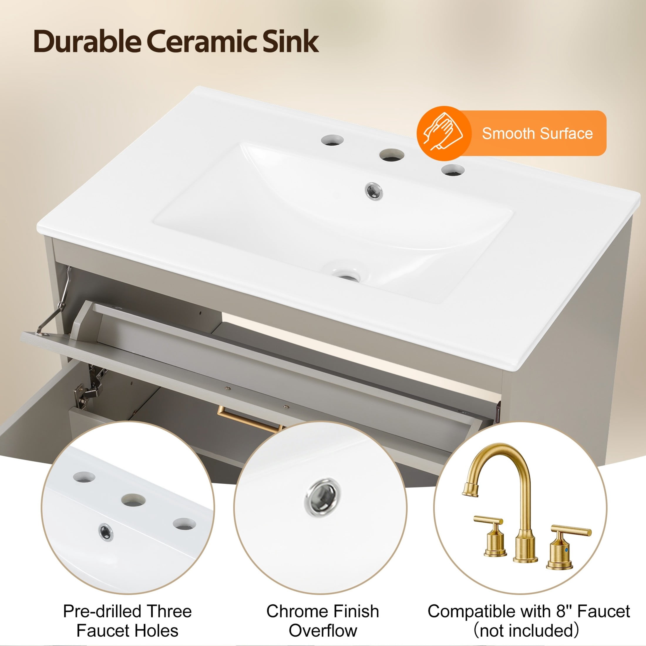Christopher Knight Home 30" Bathroom Vanity with Ceramic Sink, Soft-Close Doors and Tip-Out Drawer, Beige