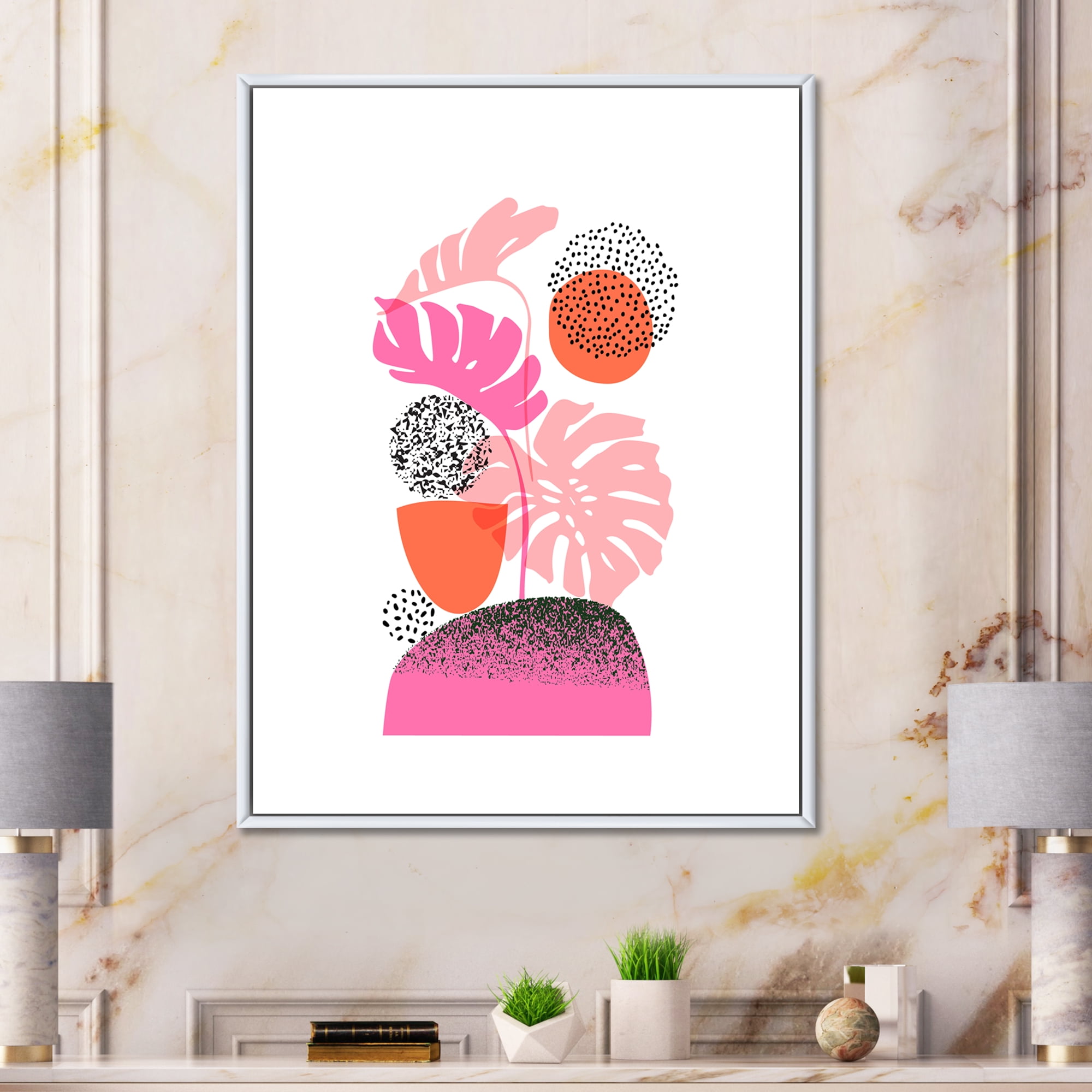 Designart 'Geometric Sun and Moon Shapes With Tropical Leaves' Modern Framed Canvas Wall Art Print