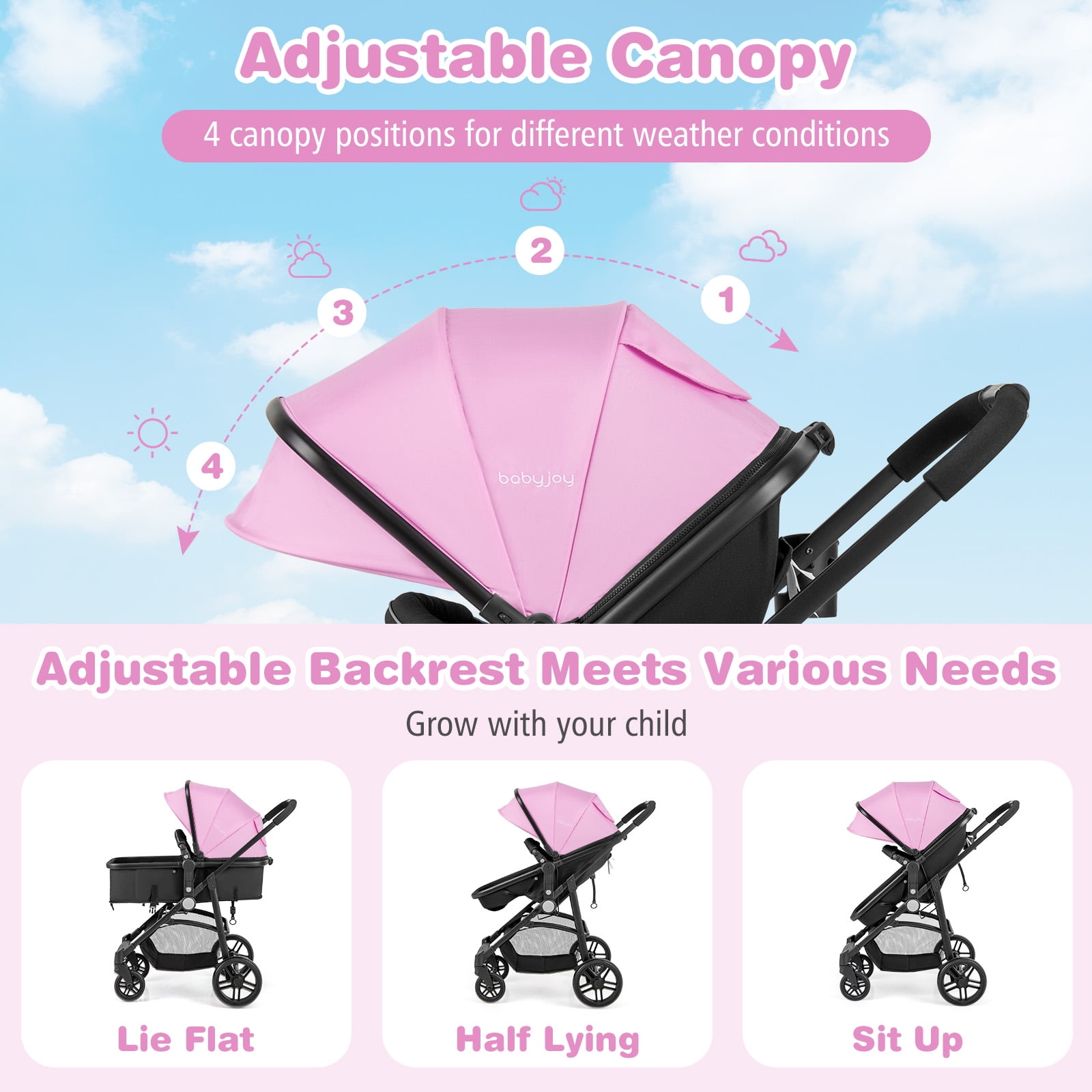 Babyjoy 2 in 1 Foldable Baby Stroller Kids Travel Newborn Infant Buggy Pushchair 22 lbs Pink