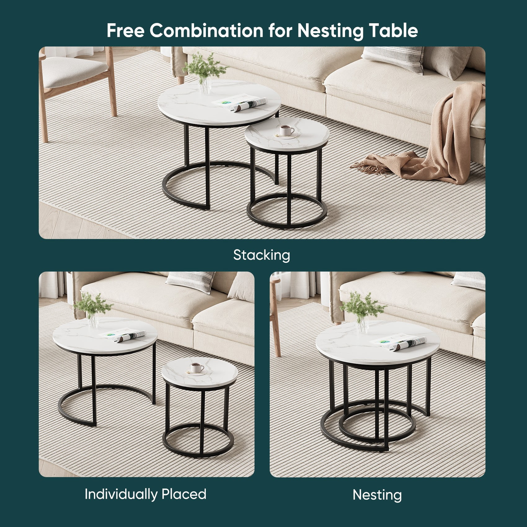 Algherohein Round Nesting Coffee Table Modern Marble Top Set of 2 for Living Room White