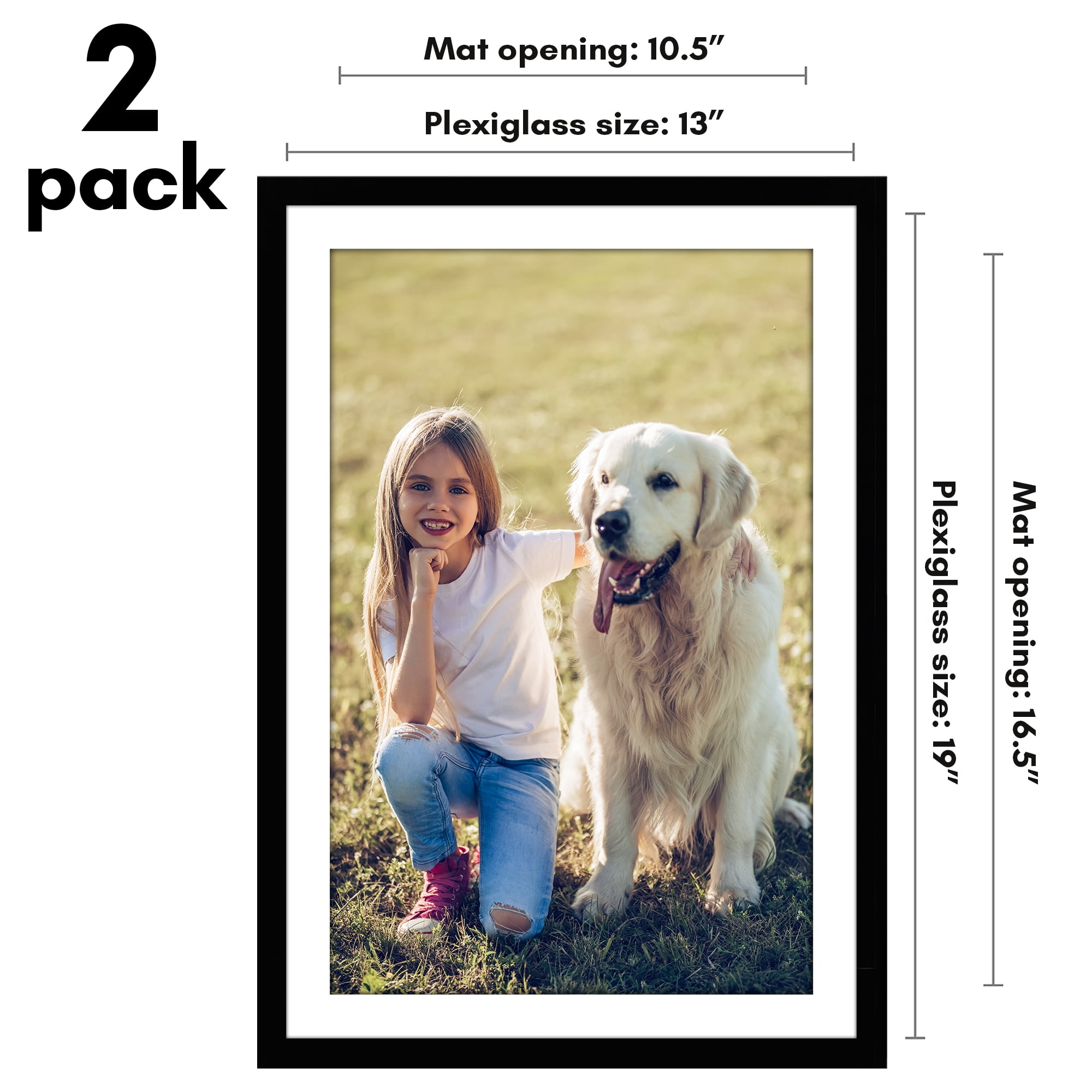 Americanflat 13x19 Picture Frame with Polished Plexiglass with 11x17 Mat 2 Pack Display Photo Galleria - Black
