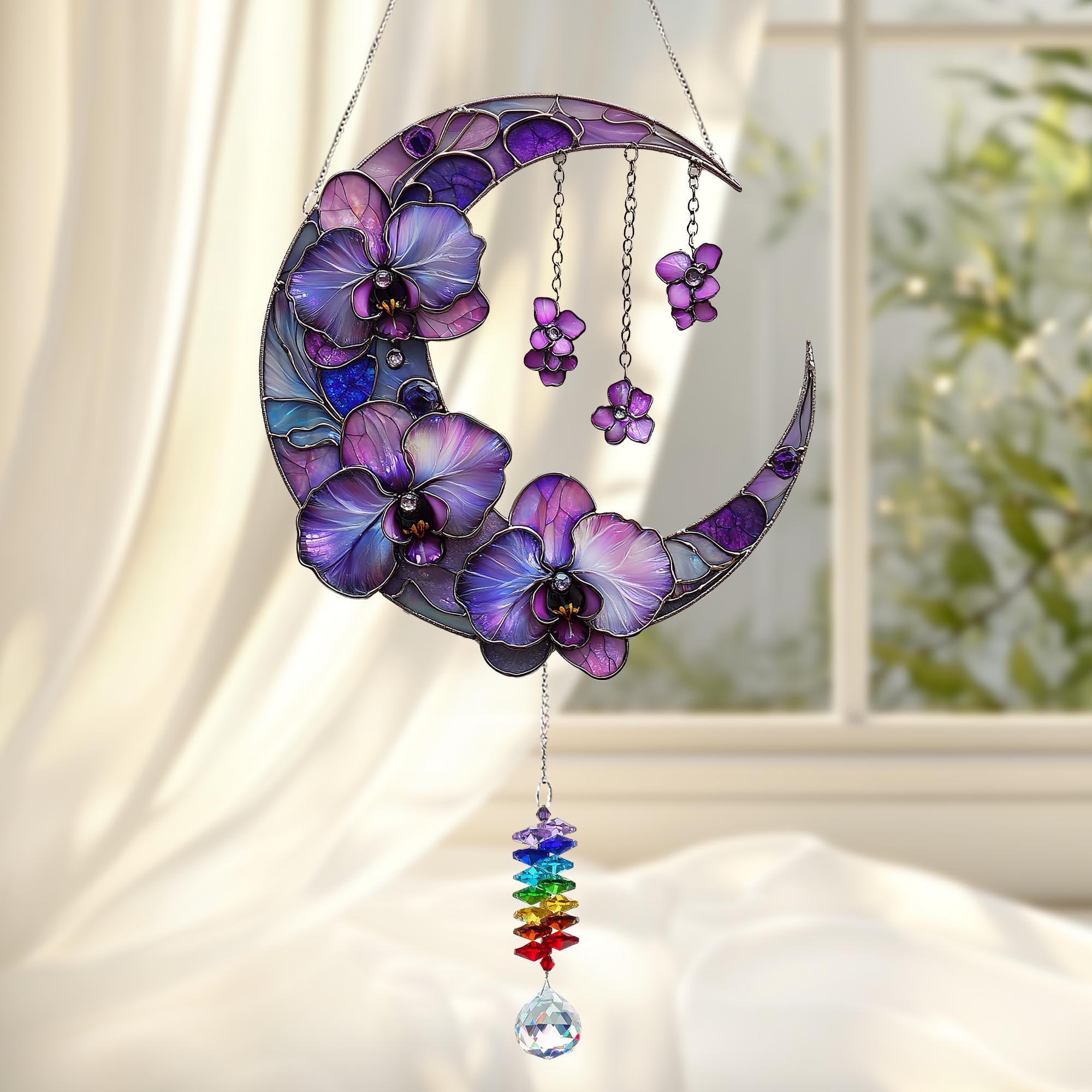 Orchid Flowers Crescent Moon Hologram Crystal Charm Acrylic Window Hanging, Personalized Gift for Orchid Lovers, Gift for Mom 4335590834