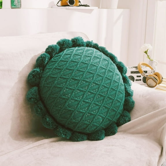 1 Pcs Round Pillows Chunky Knitted Throw Pillows 19.6 Inch Soft Circle Decorative for Home Bed Couch Sofa Decoration，Dark Green