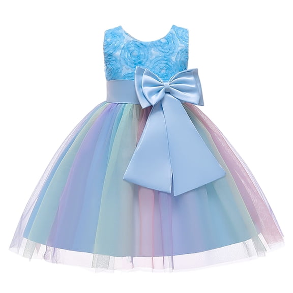 CCRFTGI Dresses for Kids Girls 10-12 A-Line Print Dress Birthday Formal Sleeveless Mesh Rainbow Girls Dresses Summer Fashion New Year Fancy Dresses Sky Blue 3-4 Years