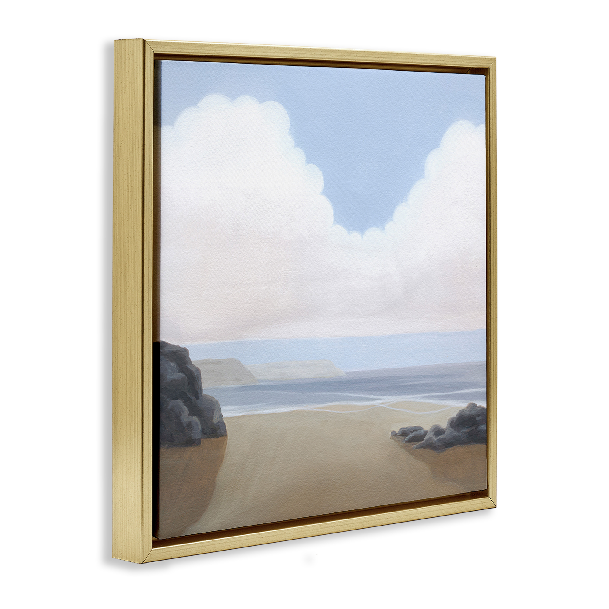 Stupell Industries Fluffy Clouds Over Beach Landscape Painting Gold Floater Framed Canvas Art Print Wall Art, 25 x 25