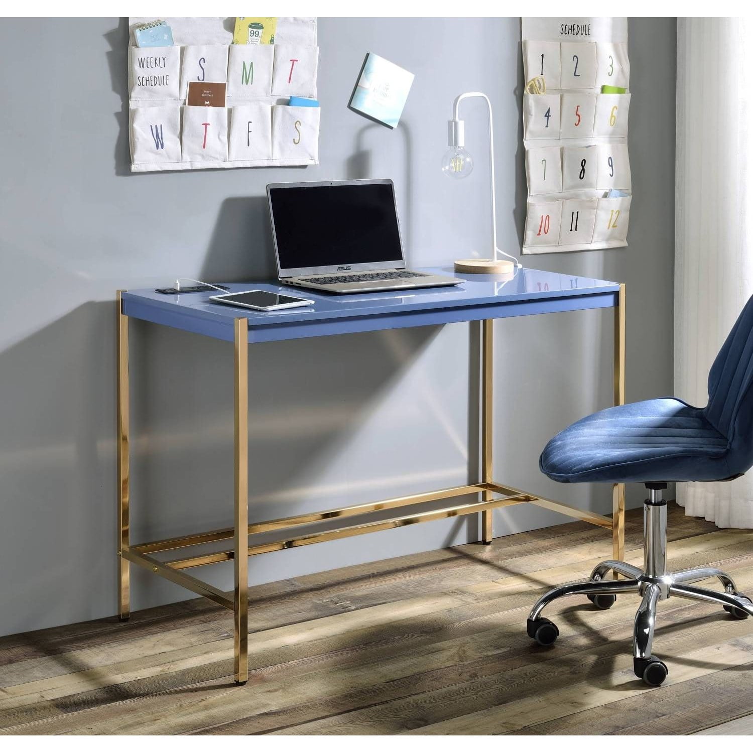 Rectangular Writing Desk with USB Port, 42-Inch Home Office Computer Desk, Wood and MDF Top, Open Metal Base, 70 lb Weight Limit