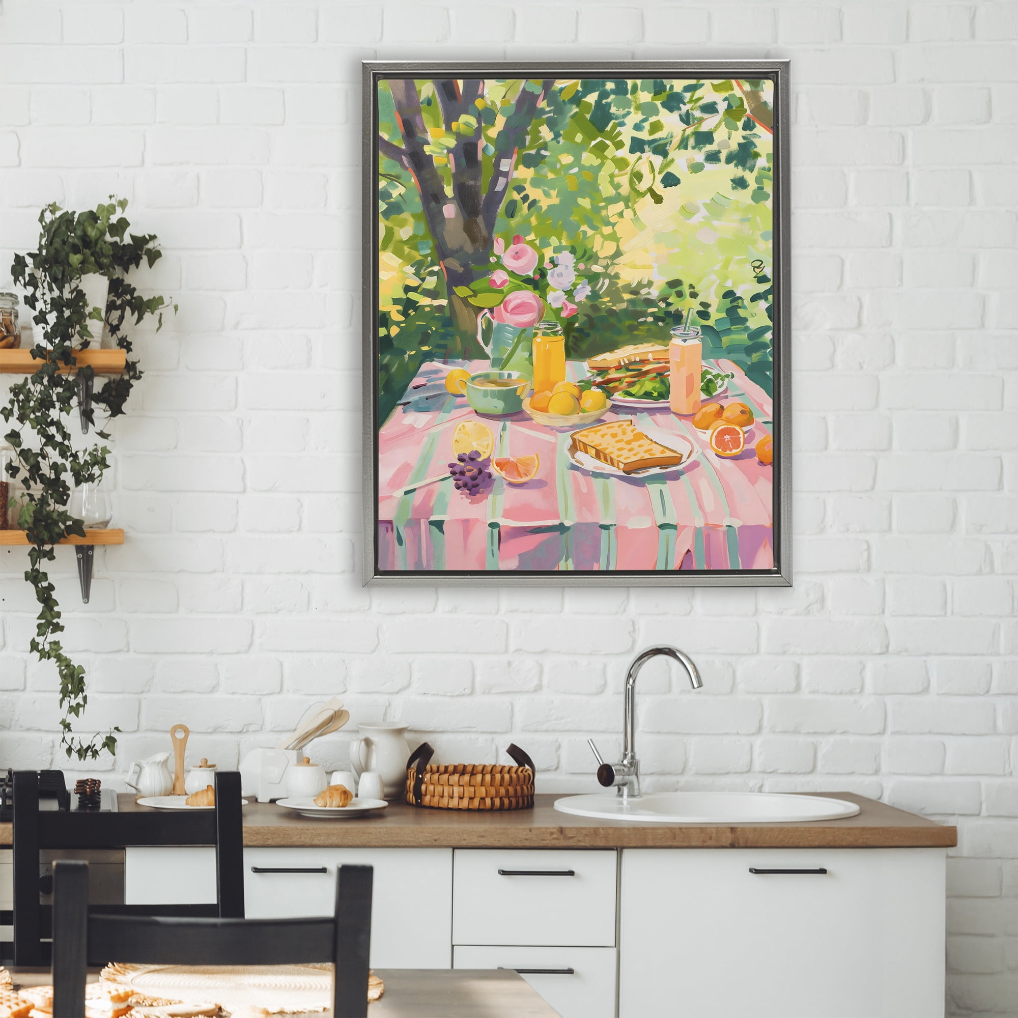 Stupell Industries Breakfast Picnic in Garden Gray Framed Floater Canvas Wall Art, design by The Prints Vibe