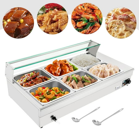 

Miumaeov 110V Food Grade Stainelss Steel Food Warmer 1200W Commercial Food Steam Table Electric Countertop Food Warmer with Tempered Glass Shield (6 Pan x 1/2 GN)