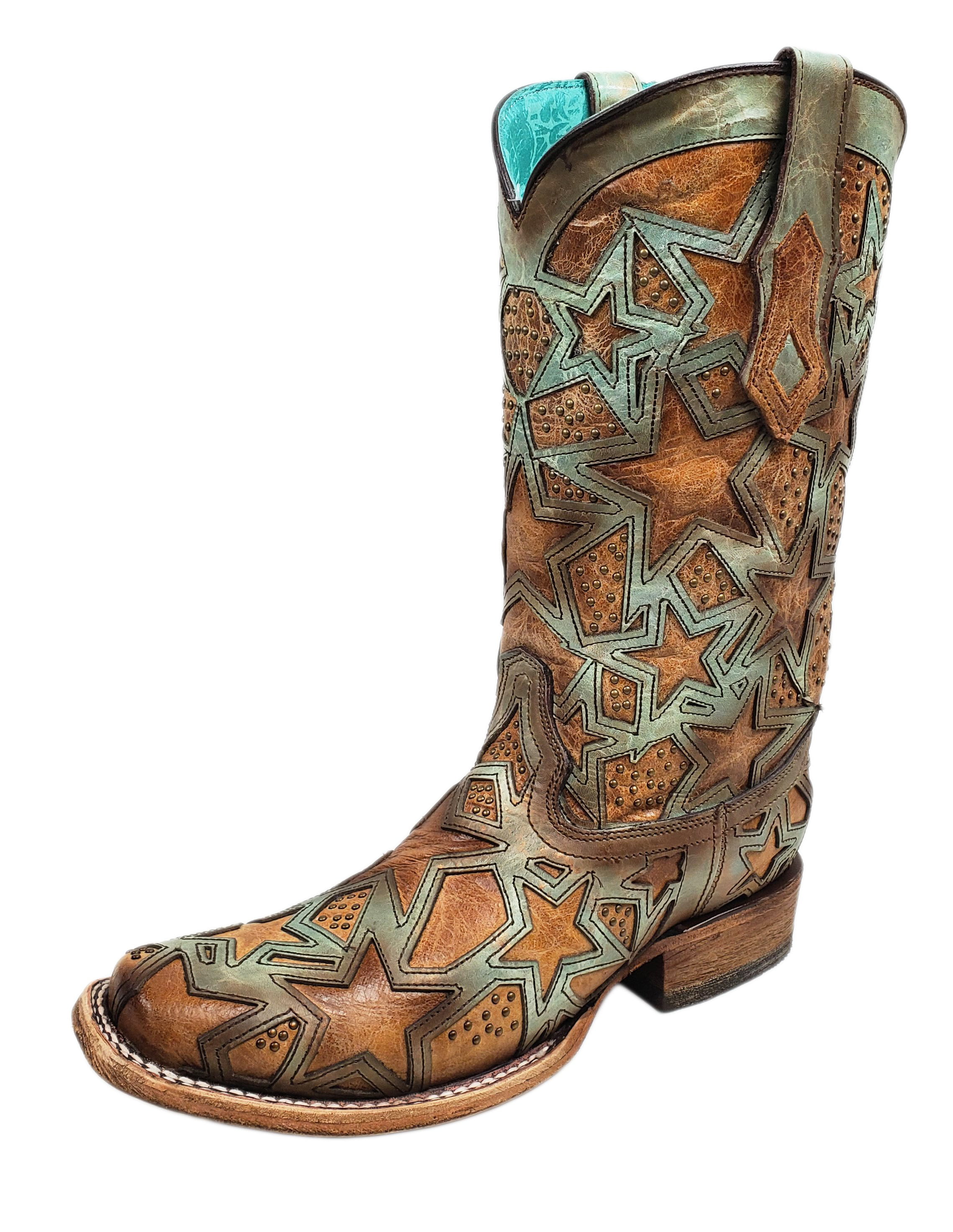 CORRAL Women's Turquoise/Brown Stars Inlay Square Toe Boots (10.5 B(M ...