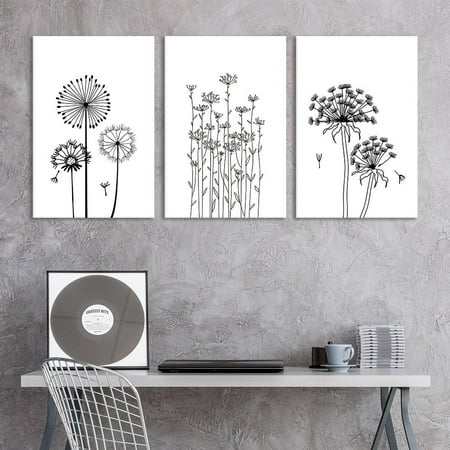 Hand Signed Giclee Canvas - wall26-3 Panel Canvas Wall Art - Hand Drawing Style Dandelions in Black and White - Giclee Print Gallery Wrap Modern Home Decor Ready to Hang - 24