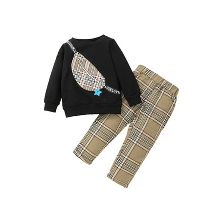 

Calsunbaby 2Pcs Kids Casual Clothes Set Toddler Boys Round Neck Long Sleeve Pullover Tops Classic Plaid High Waist Trousers Outfits