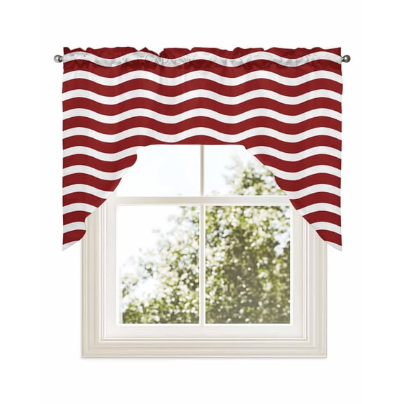 Red White Kitchen Curtains Swag Valance for Windows/Bathroom/Cafe, Modern Abstract Waves Water Ripple Striped Rod Pocket Drape Panel Swag Curtains Valance for Bedroom/Living Room 56"x36"