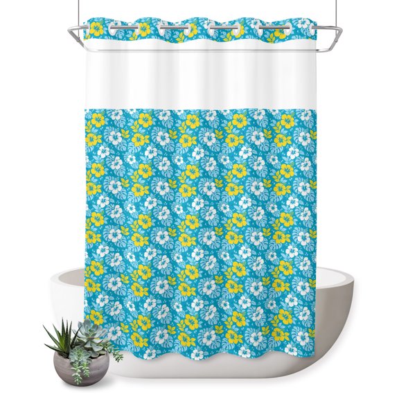 No Hook Shower Curtain, Tropical Floral Shower Curtains for Bathroom with See Through Top Window, Summer Monstera Leaves Boho Watercolor Blue Waterproof & Washable Bath Curtain Stall 48"x72"