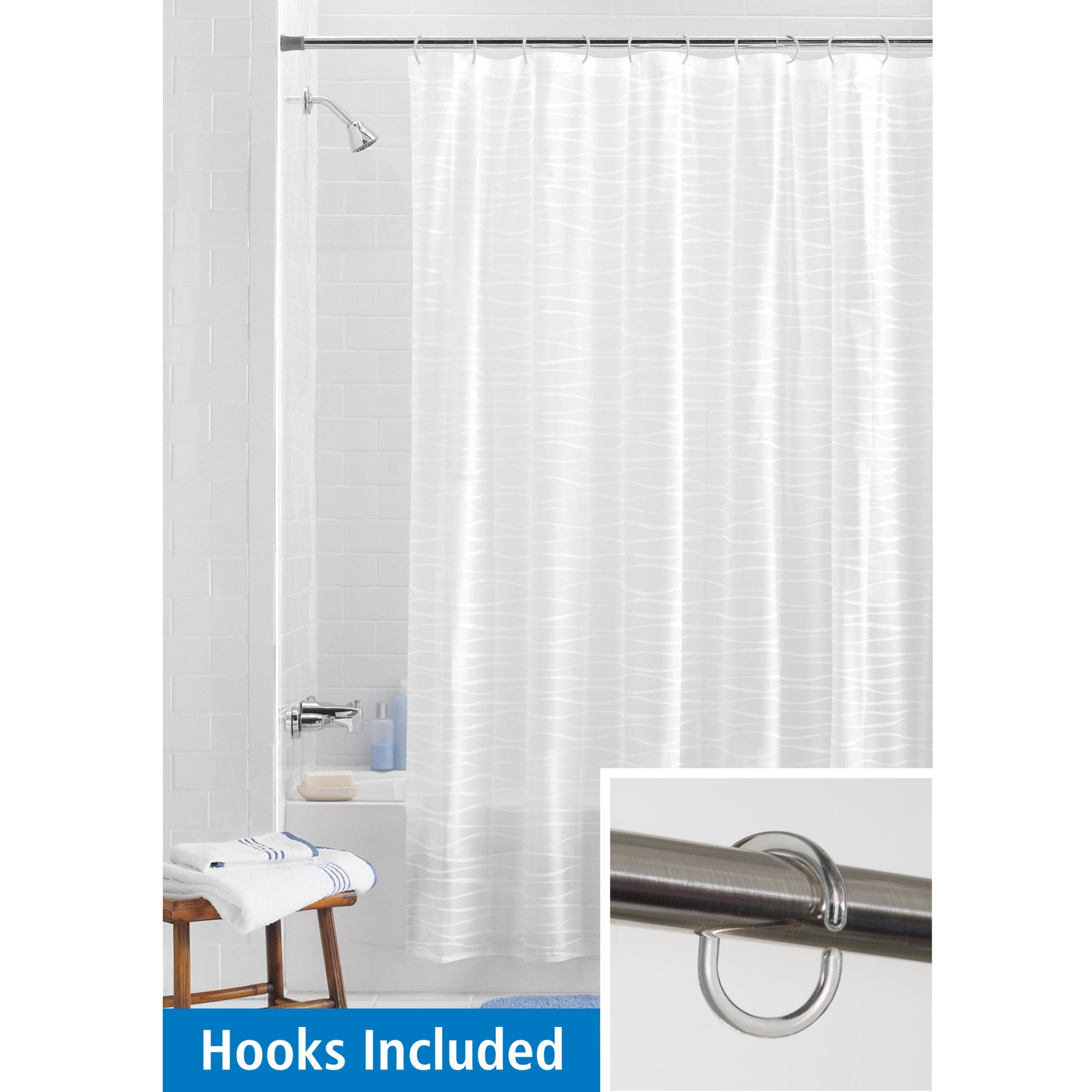 (3 pack) Mainstays Waterproof Oasis Striped PEVA Lightweight Shower Curtain and 12 Hooks, Frosted