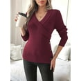 thumbnail image 2 of Women V Neck Long Sleeve Sweaters Criss -Wrap Ruched Pullover Fall Tops Wine Red M, 2 of 6