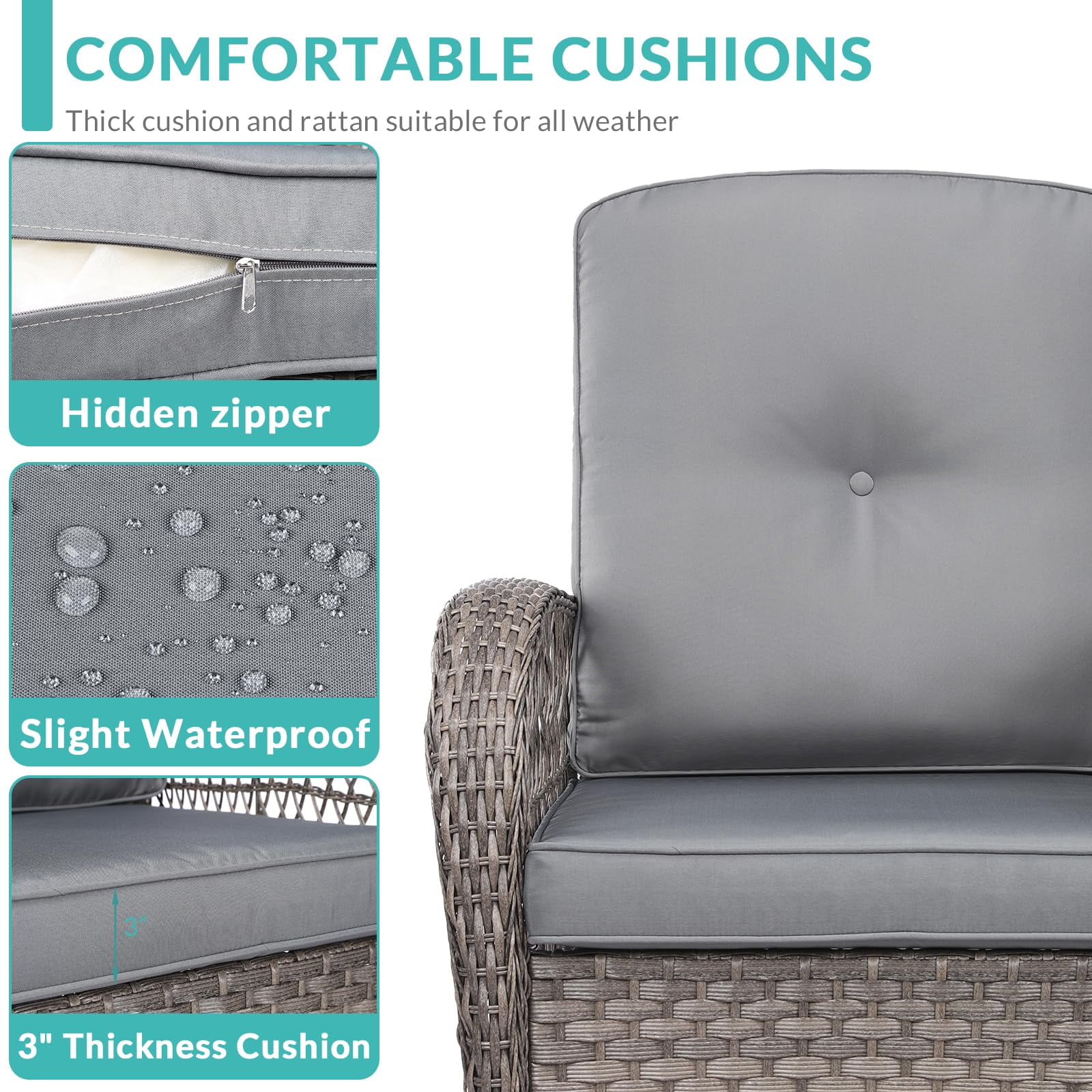 MEETWARM 7 Pieces Outdoor Patio Rattan Furniture Sets, All Weather Patio Wicker Conversation Set- 2 Rocking Chairs, 2 Swivel Chairs, 1 Loveseat Glider w/Cushions, 2 Glass-Top Coffee Table, Gray