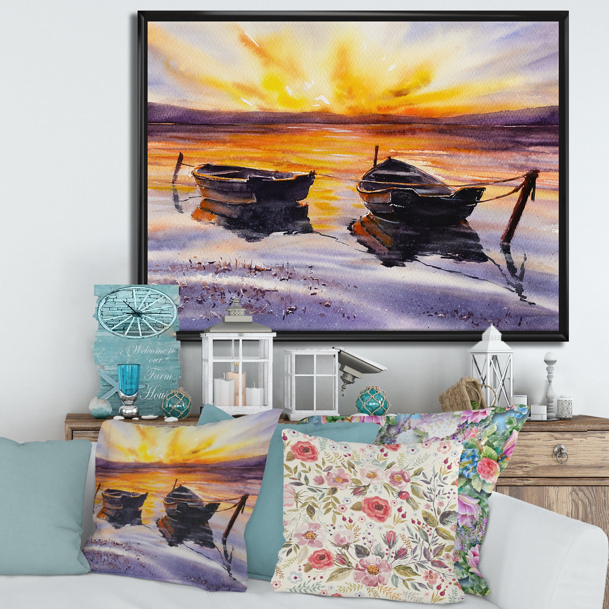 Designart 'Two Small Boats Parking On The Shore and Sunset' Lake House Framed Canvas Wall Art Print