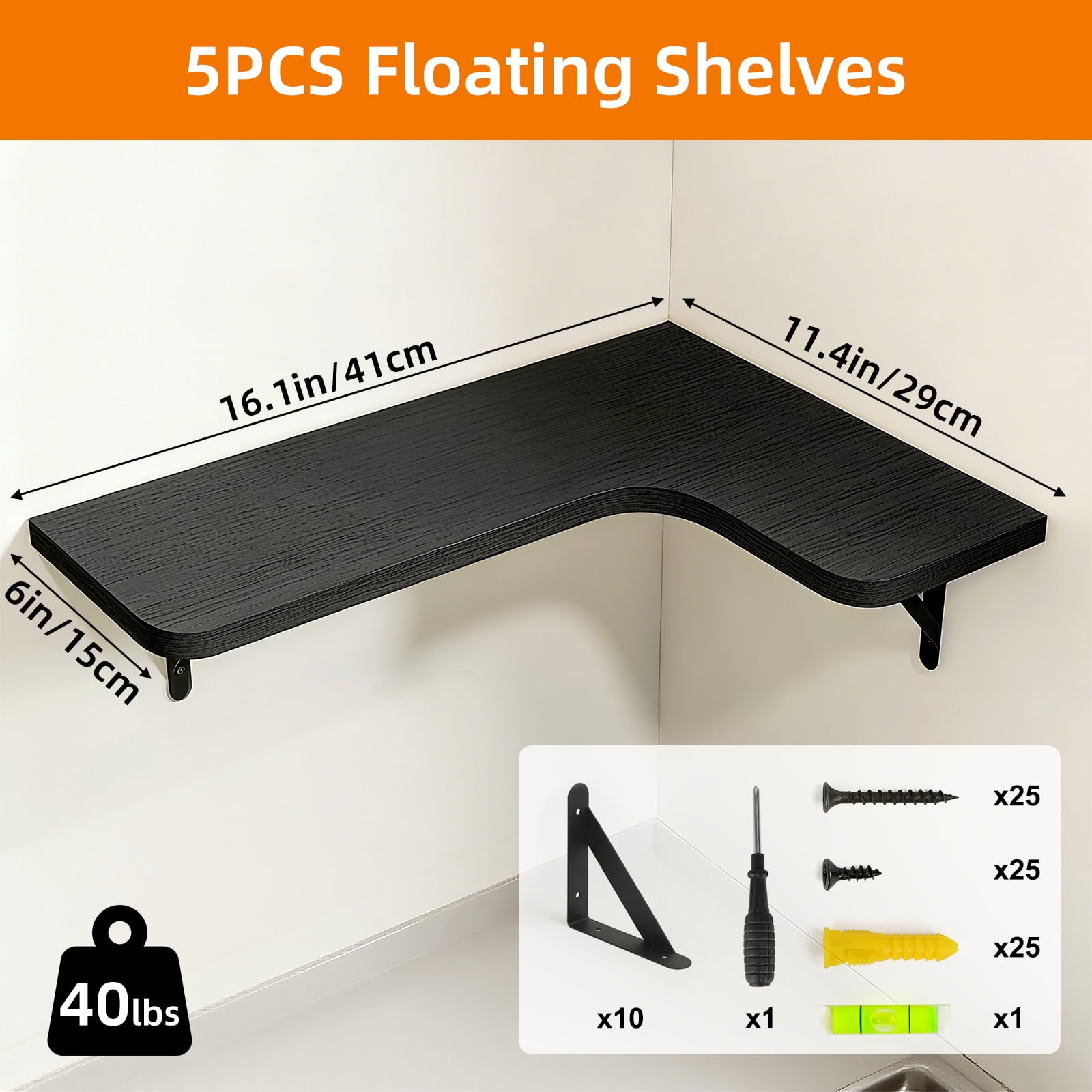 Fairy 5pcs Corner Floating Shelves for Wall, Rustic Wood Wall Shelves, 16.1x11.4 inches, Black