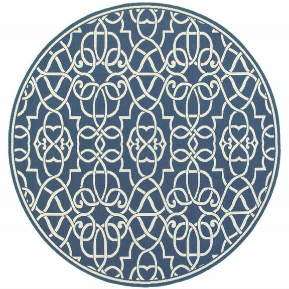 HomeRoots 8' x 8' Blue and Ivory Round Geometric Stain Resistant Indoor Outdoor Area Rug