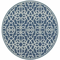 HomeRoots 8' x 8' Blue and Ivory Round Geometric Stain Resistant Indoor Outdoor Area Rug
