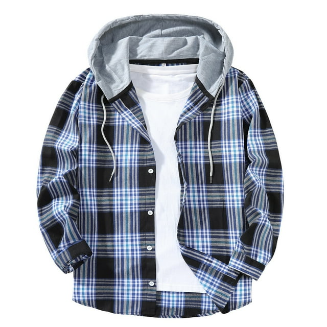 MHFRRA Camisa con Capucha A Cuadros, Chaqueta, Top Informal de Manga Larga, Ropa de Calle de Moda para Otoño, Jersey Cómodo Azul