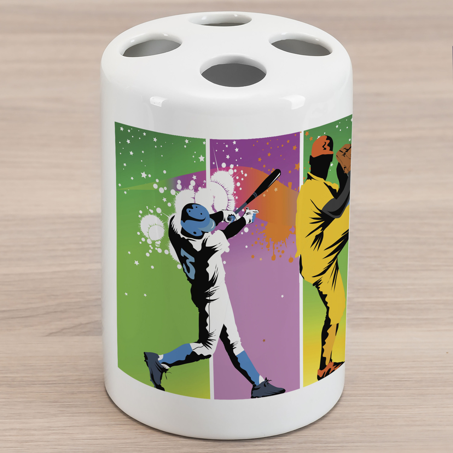 Baseball Ceramic Toothbrush Holder, Players in Different Positions in ...