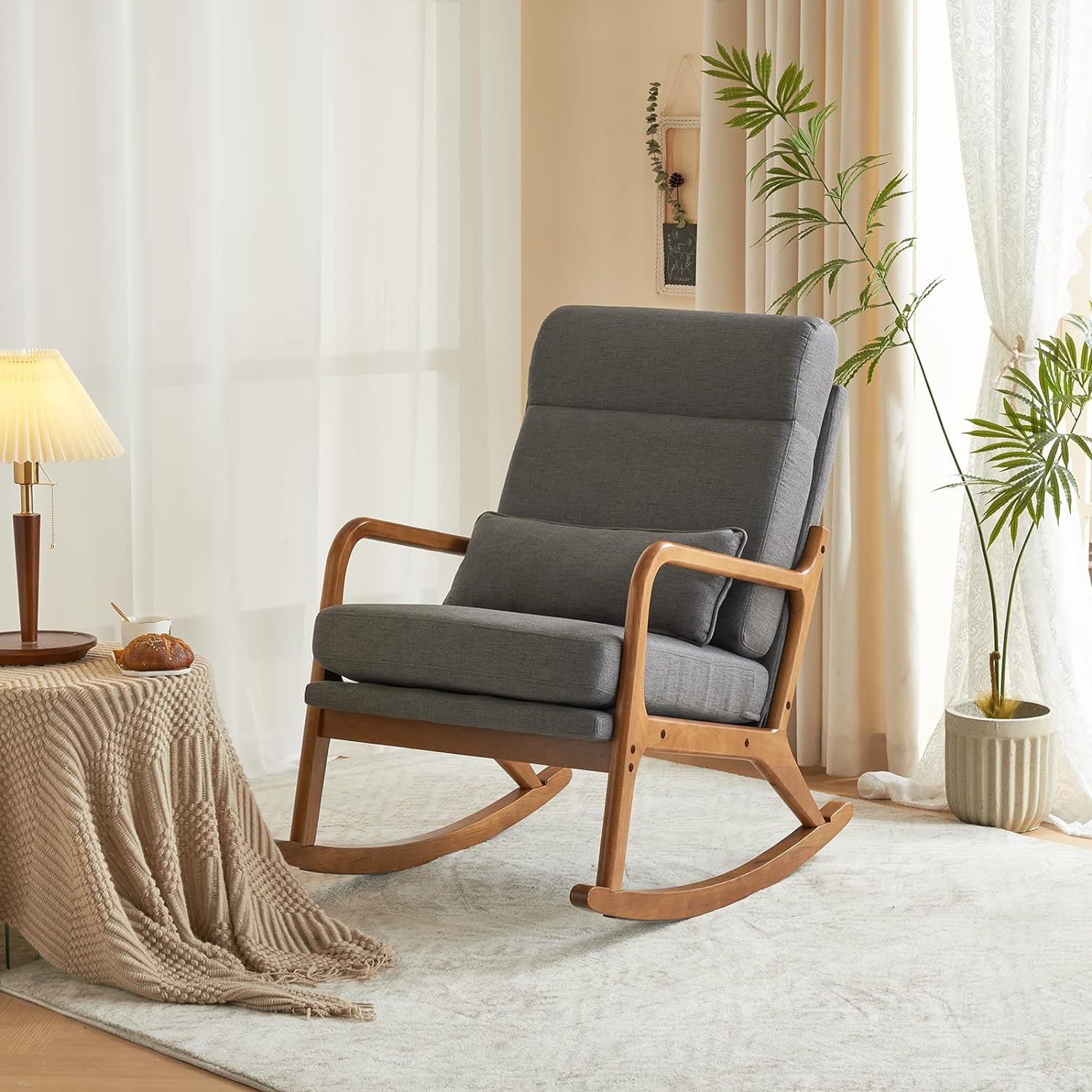Nursery Rocking Chair Removable Glider Rocker High Backrest Rocking Armchair Mid-Century Accent Chair with Lumber Pillow for Bedroom, Living Room, Nursery, Dark Gray