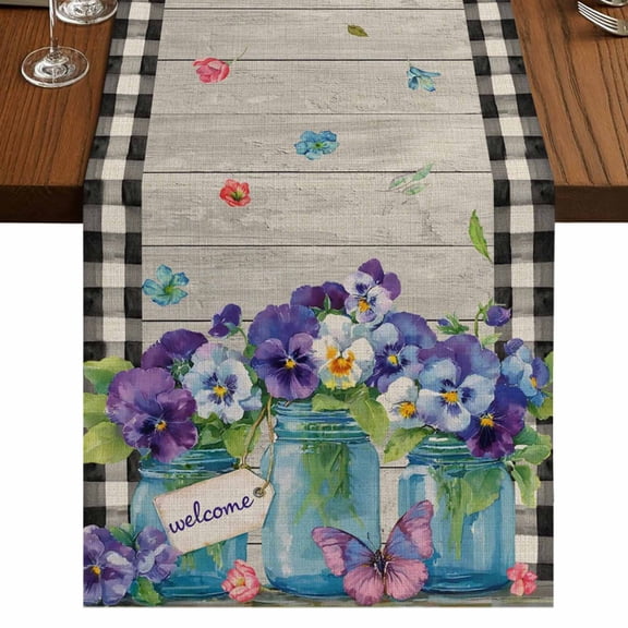 Table Runners 120 Inches Long Dress Scarves, Hello Spring Farmhouse Coffee/Dining/Kitchen Table Runner for Living Room, Pastoral Purple Bottle Floral Wooden Plaid 13x120 Inch