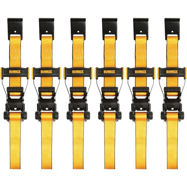 Correa de amarre con trinquete DEWALT DXBC10000F-6PK negro/amarilla de 2 x 27 pies con ganchos planos, transporte de carga de alta resistencia (10 000 libras de resistencia a la rotura), paquete de 6