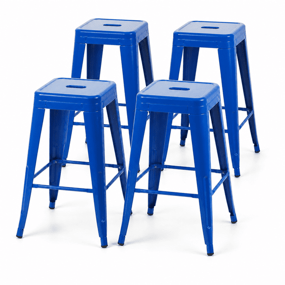 30 Inch Backless Metal Bar Stools, Set of 4, Blue, Carry Hole and Four-Sided Footrest