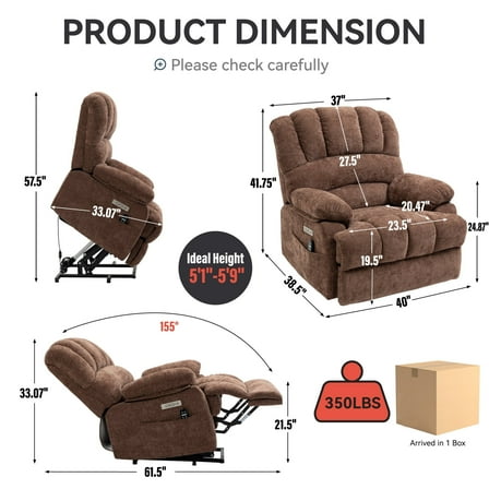 Newboti Furniture 23" Seat Width and High Back Large Size Chenille Power Lift Recliner Chair with 8-Point Vibration Massage and Lumbar Heating, Brown 90127