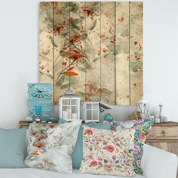 Designart 'Orange and Green Wildflowers II' Modern Print on Natural Pine Wood