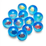 12 Clear Bouncy Balls with Fish - Rubber Bouncing Ball Toys with Marine Animals Inside - Great Gift for Kids Party Favors, Prizes and Rewards  45mm - by Gee Gadgets